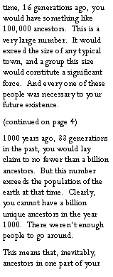 Text Box: time, 16 generations ago, you would have something like 100,000 ancestors.  This is a very large number.  It would exceed the size of any typical town, and a group this size would constitute a significant force.  And every one of these people was necessary to your future existence.(continued on page 4)1000 years ago, 33 generations in the past, you would lay claim to no fewer than a billion ancestors.  But this number exceeds the population of the earth at that time.  Clearly, you cannot have a billion unique ancestors in the year 1000.  There weren�t enough people to go around.This means that, inevitably, ancestors in one part of your 