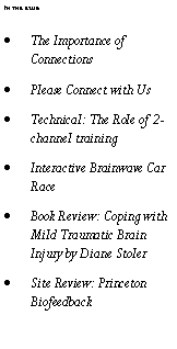 Text Box: In this issue:The Importance of ConnectionsPlease Connect with UsTechnical: The Role of 2-channel trainingInteractive Brainwave Car RaceBook Review: Coping with Mild Traumatic Brain Injury by Diane StolerSite Review: Princeton Biofeedback